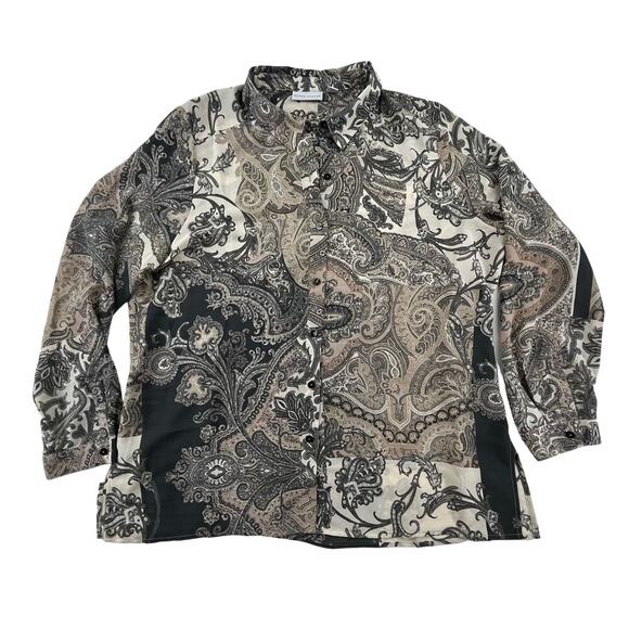 JALISSA | Susan Graver Plus Size 16 Button Down Black Brown Tan Paisley Blouse - Picture 1 of 6